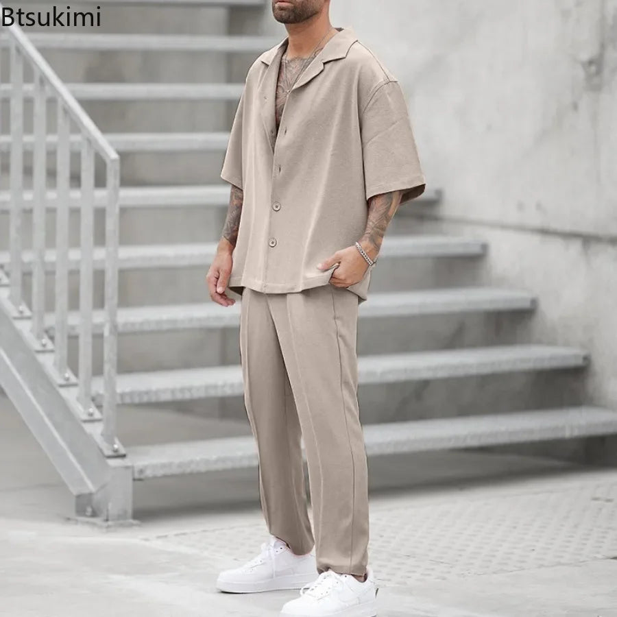 2025 Men's Casual 2PCS Pants Sets Fashion Lapel Shirt Top and Trousers Set Trendy Solid Blazer Pants Two Piece Set Clothing Male
