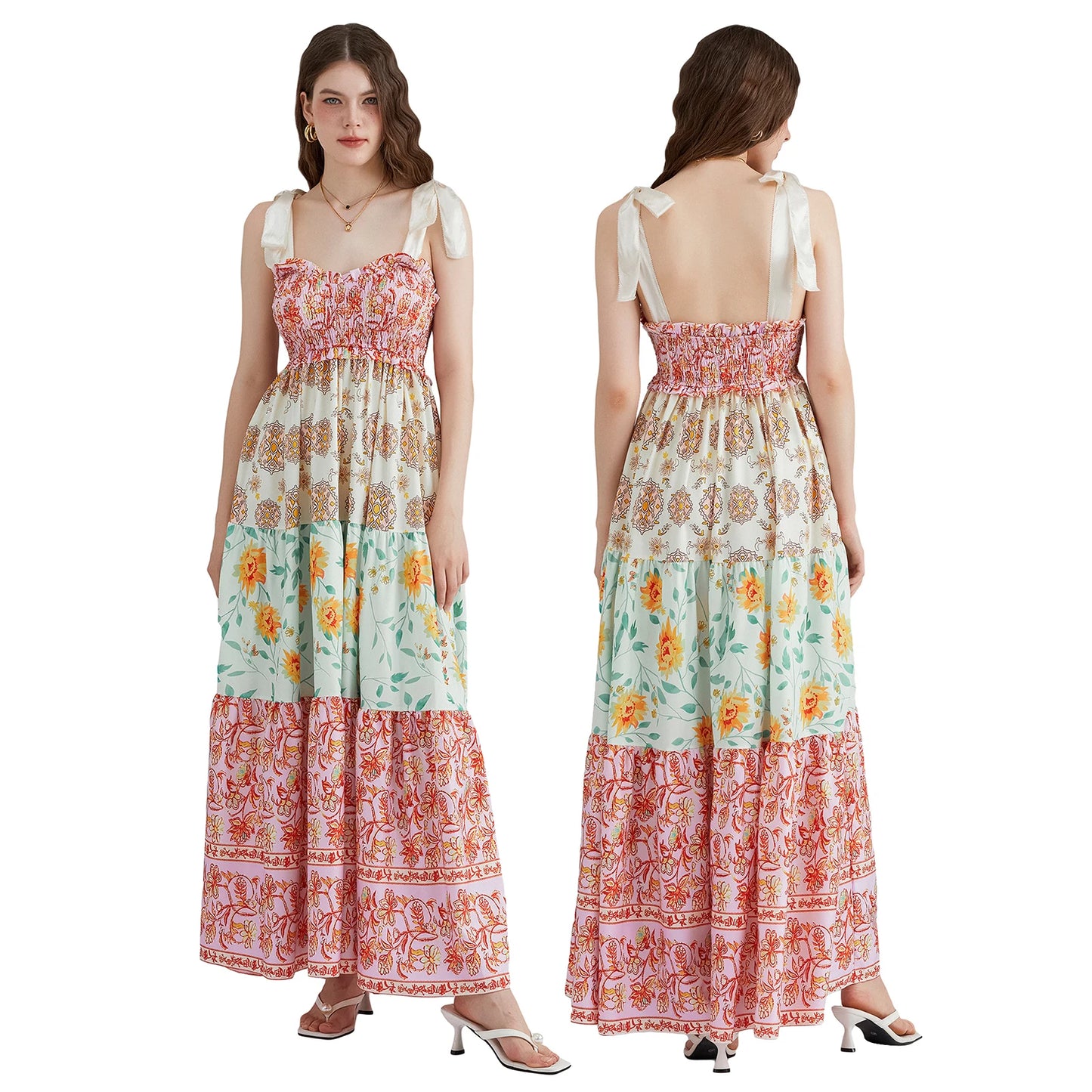 Combhasaki Women's Y2K Vintage Floral Print Ribbon Tie-Up Shoulder Straps Sleeveless V-Neck Summer Big Swing A-line Long Dress