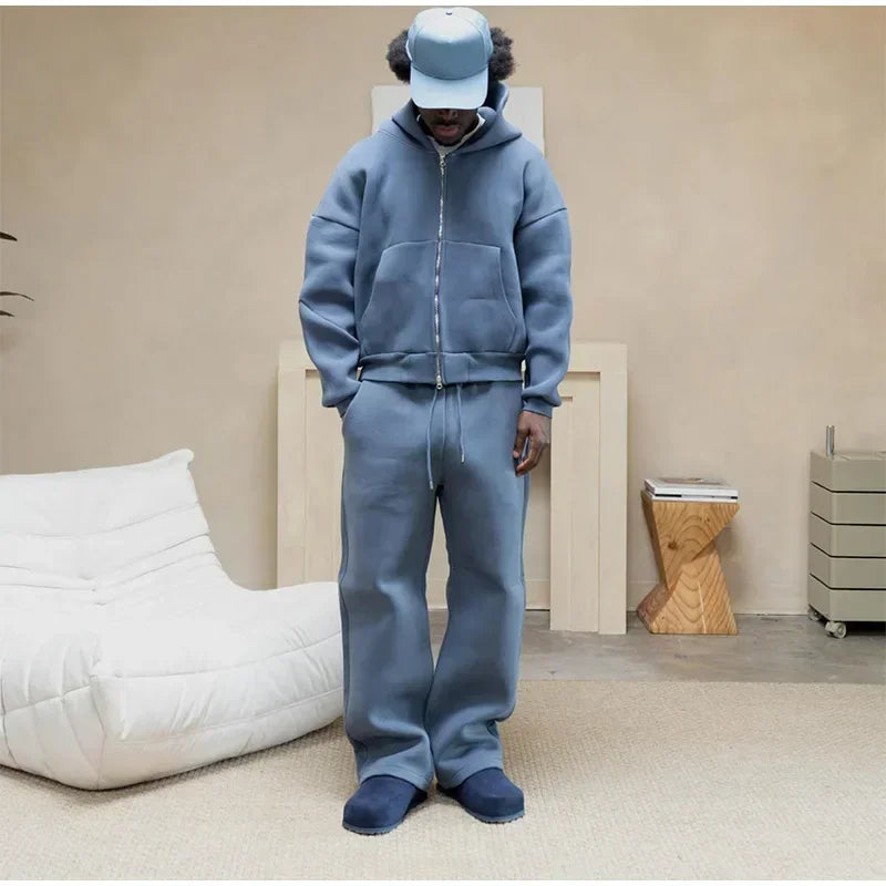 Korean Fashion Solid Color Sweatshirt Fleece Two-Piece Men's Y2K New Harajuku Casual Joker Straight Pants Couple Street Wear