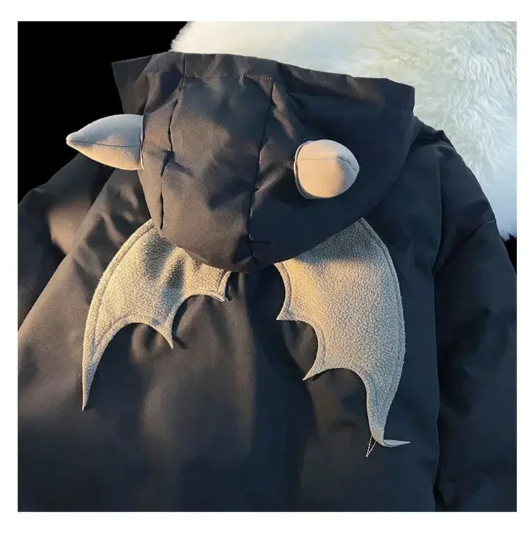 Winter New Cotton Jacket Devil Wing Embroidery Bread Jackets Men's Women's Vintage Harajuku Casual Loose Hooded Cotton-padded