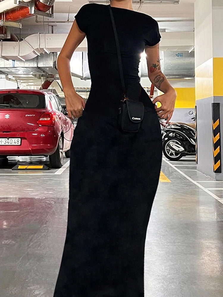 Solid Backless Skinny Sexy Short Sleeve Long Dress Women Elegant Fashion Summer Vacation Outfits