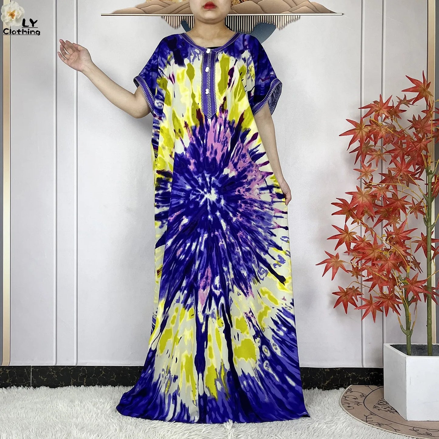 2024 New Style Short Sleeve African Dashiki Tie-dyed Cotton Abaya Caftan Lady Summer Maxi Islam Casual Dresses With Big Scarf