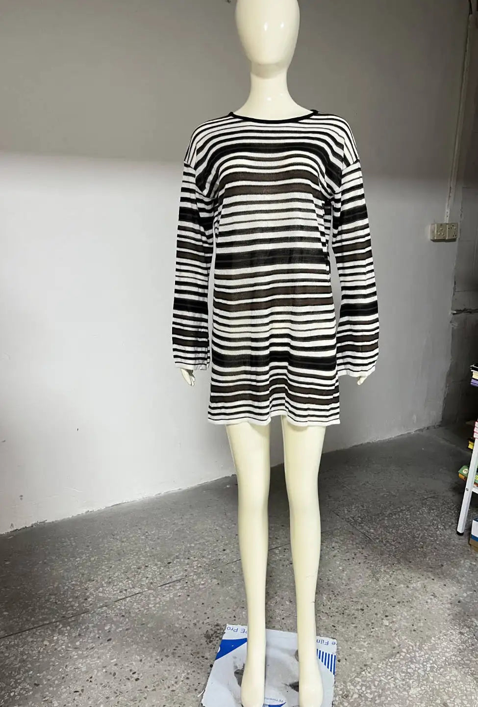Talenza Knit Striped Mini Dress Women's Fashion Backless Cutout Long Sleeve Knit Dress Beach Vacation Boho Loose Casual Dresses