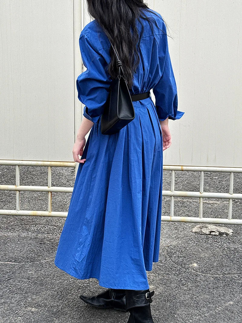 Polo‘s Collar Shirt Dress Women Spring Slimming Long Dress With A Cinched Waist Blue / Pink