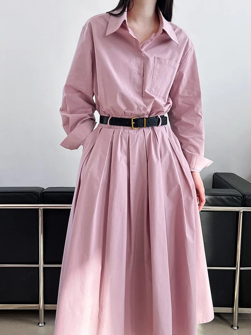 Polo‘s Collar Shirt Dress Women Spring Slimming Long Dress With A Cinched Waist Blue / Pink