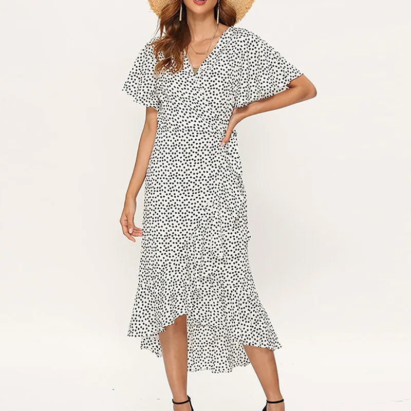 Women Summer Dresses Bohemian Sexy V-Neck Irregular High Waist Lace-up Chiffon Print Dress Casual Beach Long Dress