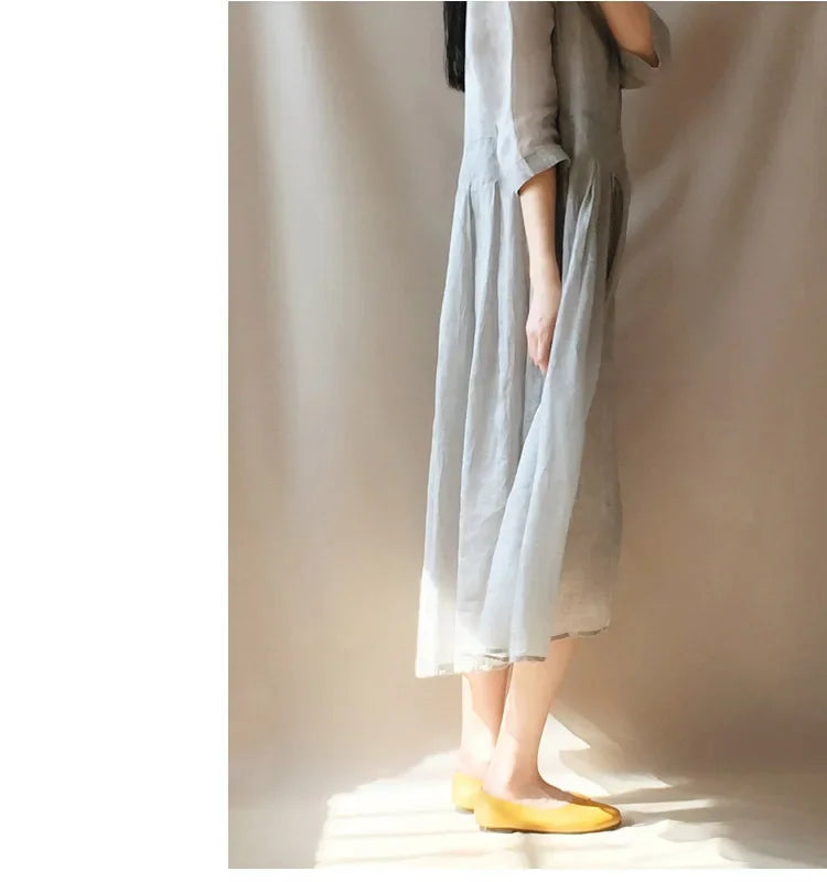 In-stock Korean Lightweight Elegant Dress Artistic Vintage Loose-fit Travel Vacation Long Dress Cotton Linen Women's Clothing