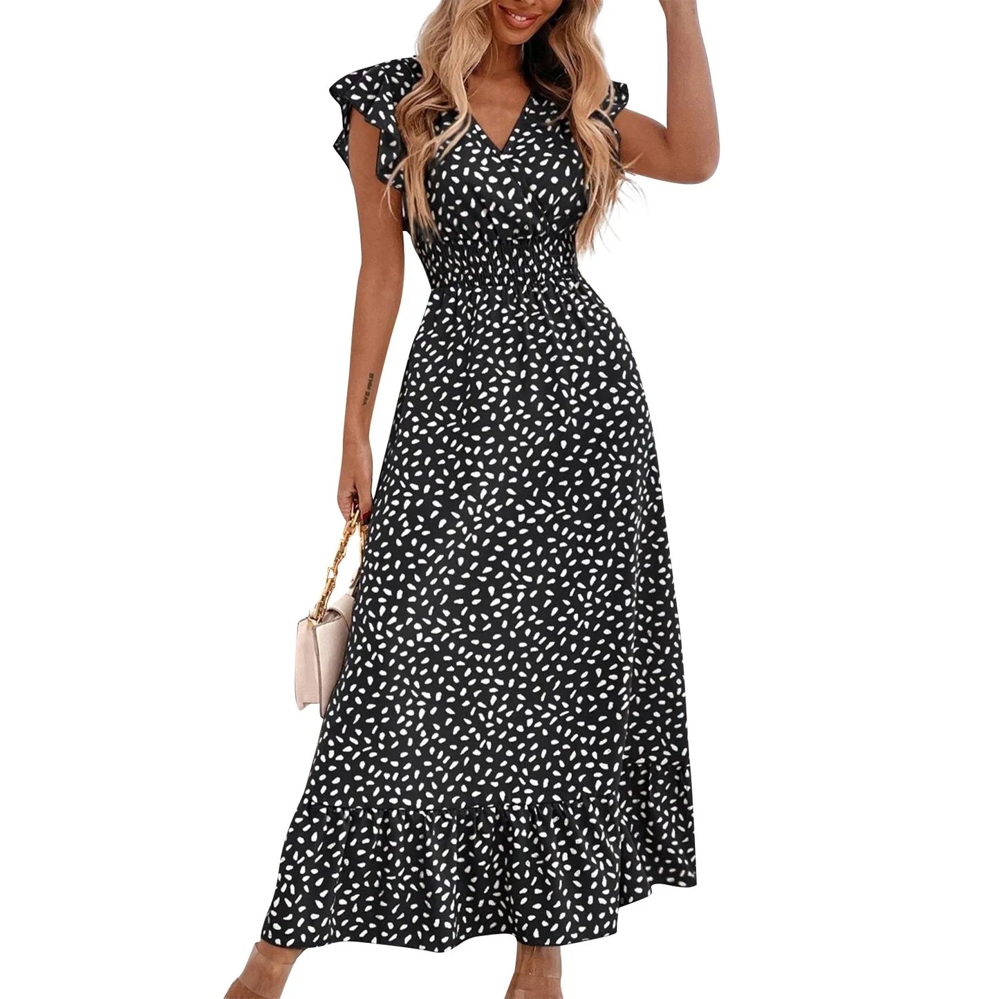 Polka Dot Dress For Women Sexy V-Neck Long Dress Casual And Fashionable Ruffle Edge Short Sleeved High Waisted Dress
