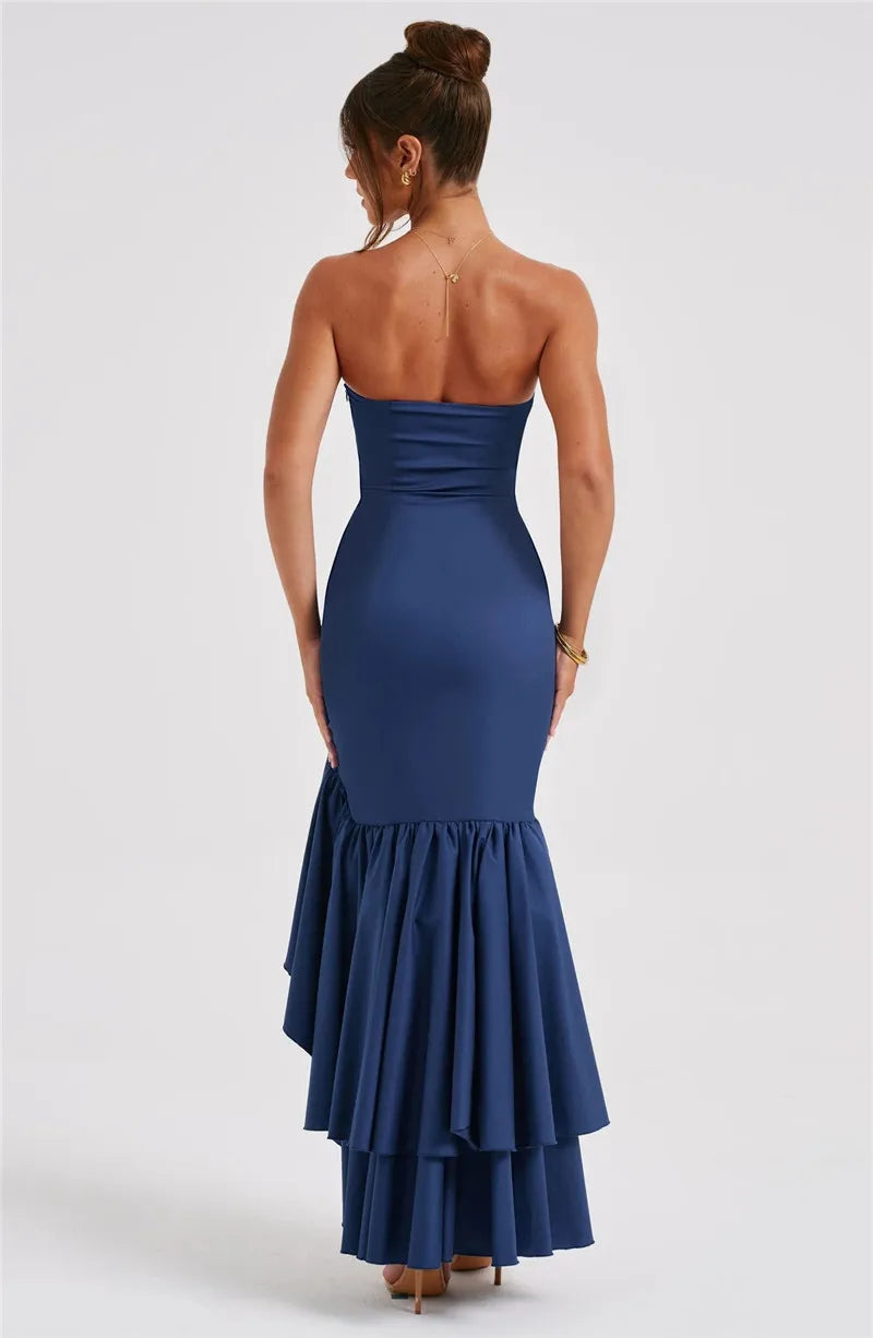Mozision Strapless High Split Ruffle Long Dress For Women Fashion Off-shoulder Backless Sleeveless Bodycon Club Party Sexy Dress