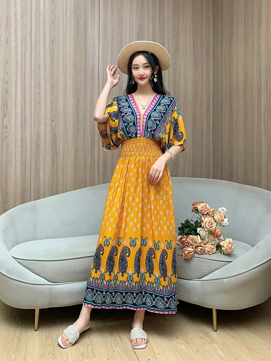 V-neck Large Skirt Hem Casual Sweet Holiday Long Dress Bat Sleeves Elastic Waist Bohemian Print Floral Elegant Dresse For Women