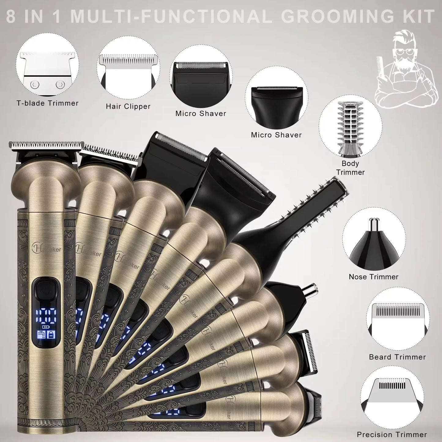 Men's 8in1 Metal shell Beard Trimmer Kit Professional Hair Clipper Nose Ear Trimer Body Facial Electric Shaver Mustache Grooming