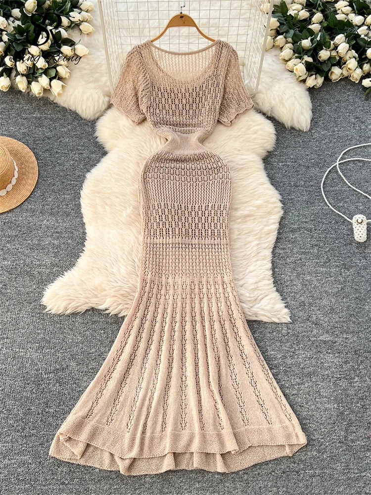 SINGREINY Vacation Style Casual Dress Suits Solid Strap Short Sundress+Knitting Hollow Out Long Dress Korean Women Beach Sets