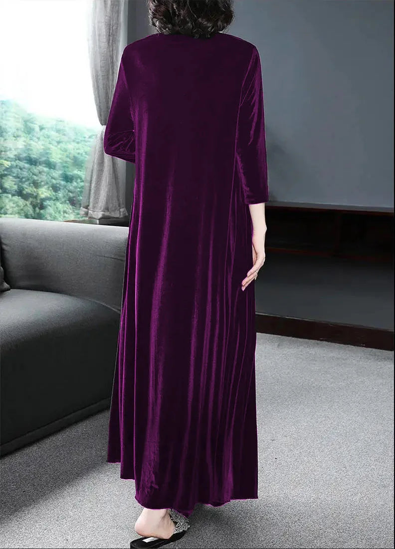 Spring and Summer New Gold Velvet European and American Slim Style Round Neck Long Dress