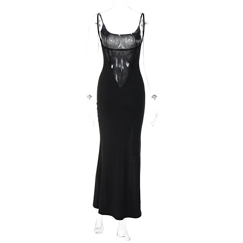 Dulzura Sleeveless Side Slit Lace Patchwork Backless Cami Maxi Dress Women’S Sexy Elegant Long Dress Party Clubwear Autumn
