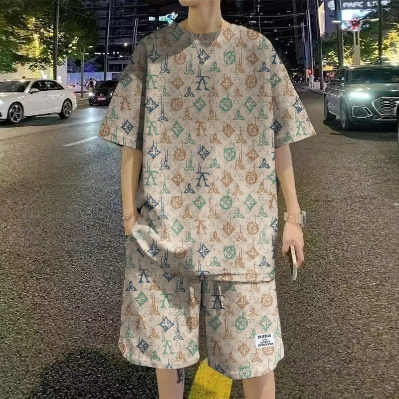 Summer New Fashion Trend Printed Short Sleeve T-shirt Sports Suit Men Loose Comfortable Breathable Plus Size Two-Piece Set 4XL