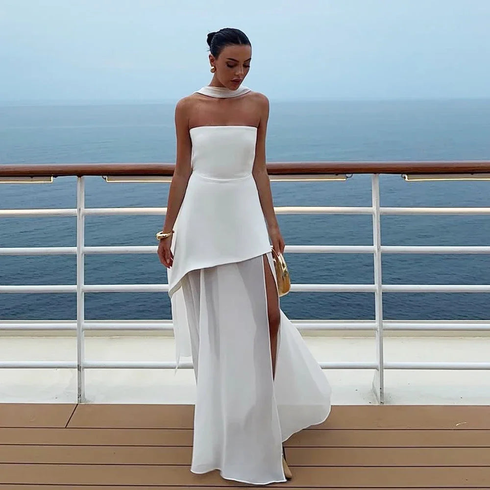 Tuularose Fashion Ribbon Long Dress Women's 2025 Summer White Backless Sleeveless Vacation Dress Elegant Slit Slim Long Dresses