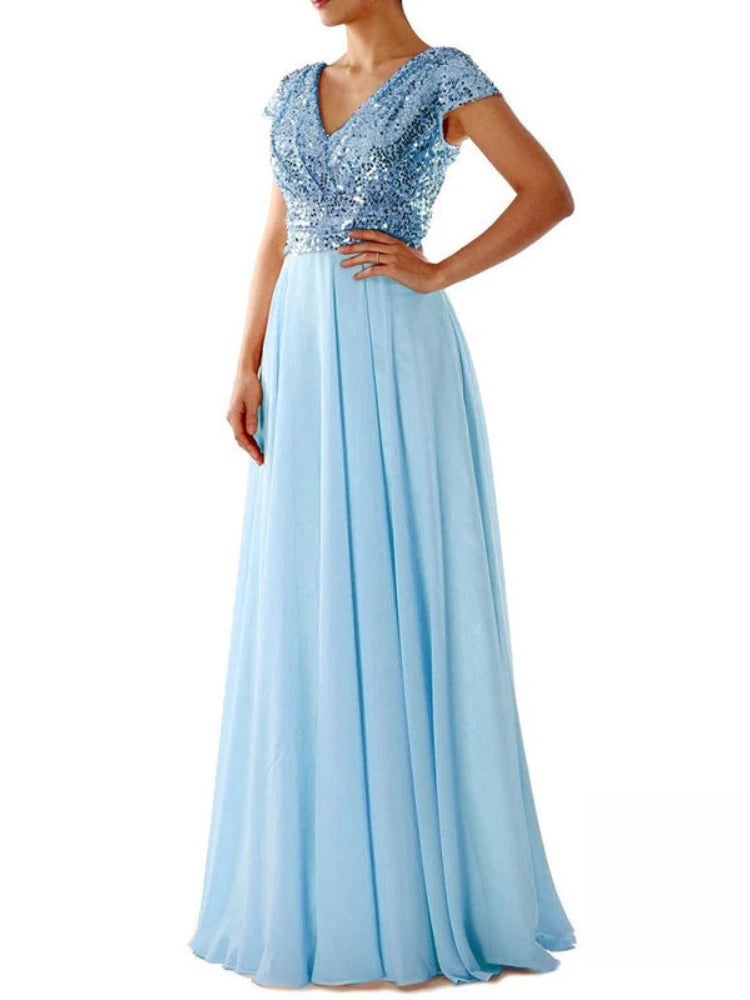 Elegant Sequins Chiffon Dress for Women V Neck Pleated Hem Female Sequins Chiffon Prom Cocktail Long Dress Wedding Evening Dress