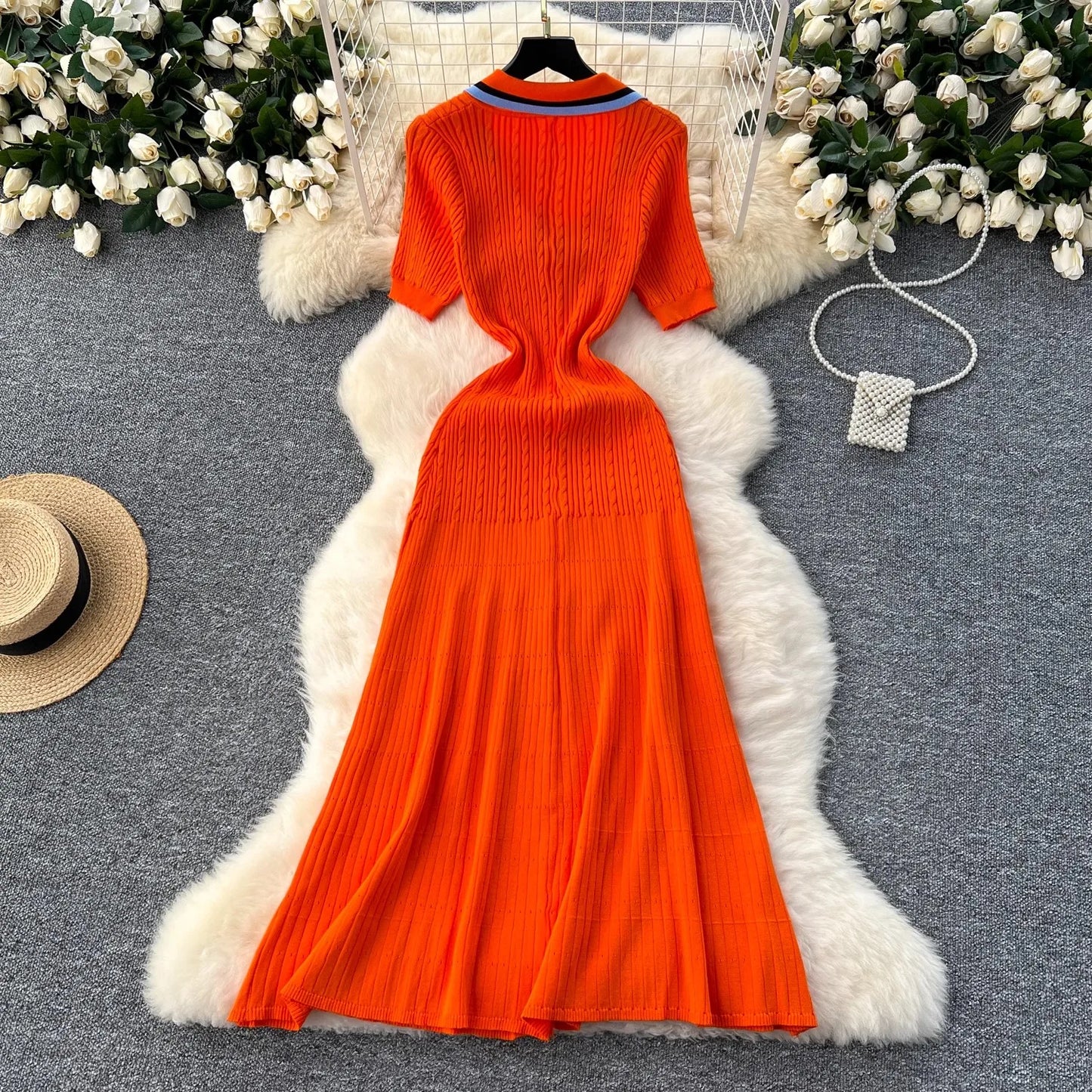 YuooMuoo 2024 Summer Women Knitted Long Dress Brand Fashion Turn-down Collar A-line Sweater Dress Elegant Lady Office Dress Robe