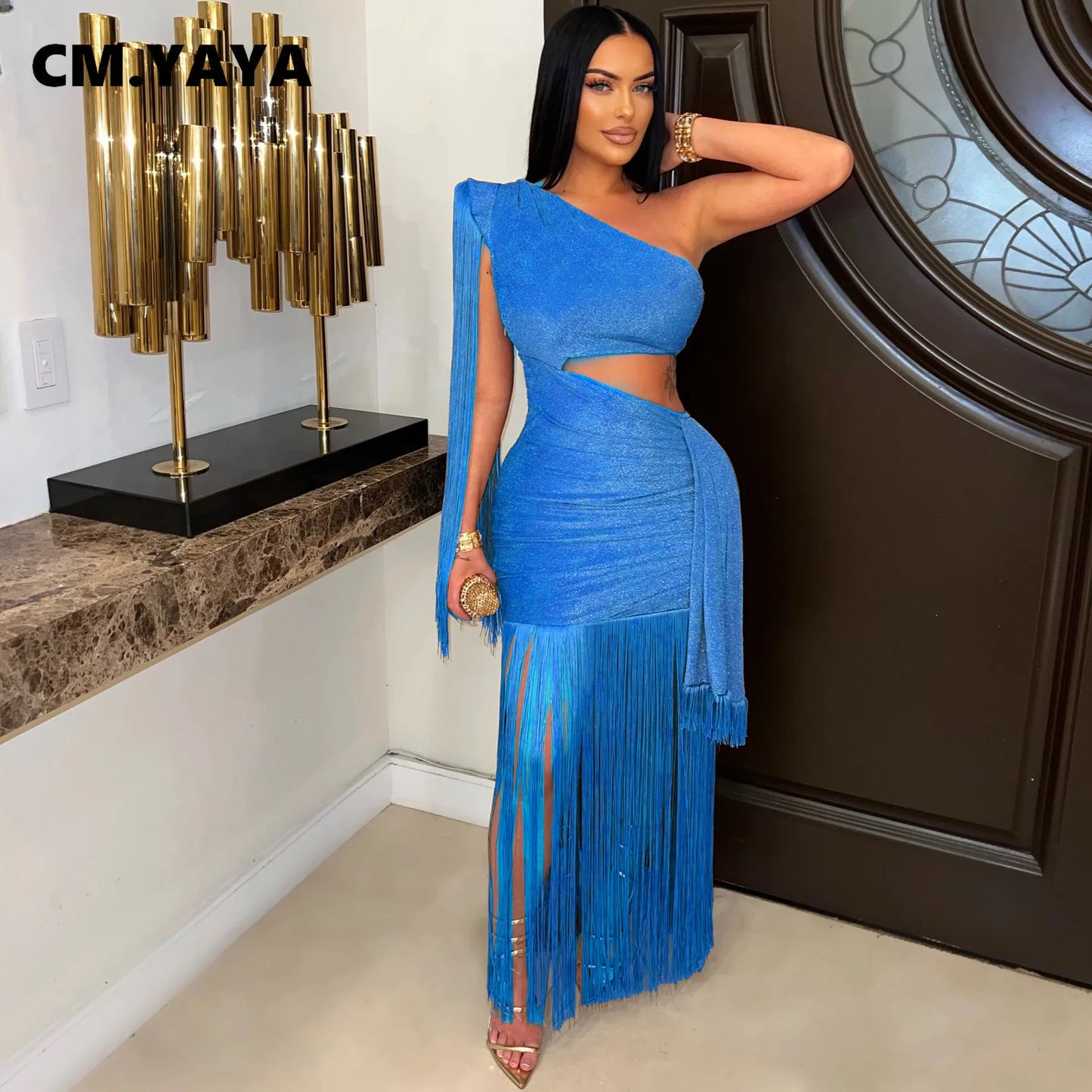 CM.YAYA Women One Shoulder Tassel Sleeveless Long Dress Diagonal Collar Summer Street Evening Sexy Night Party Dresses Vestidos