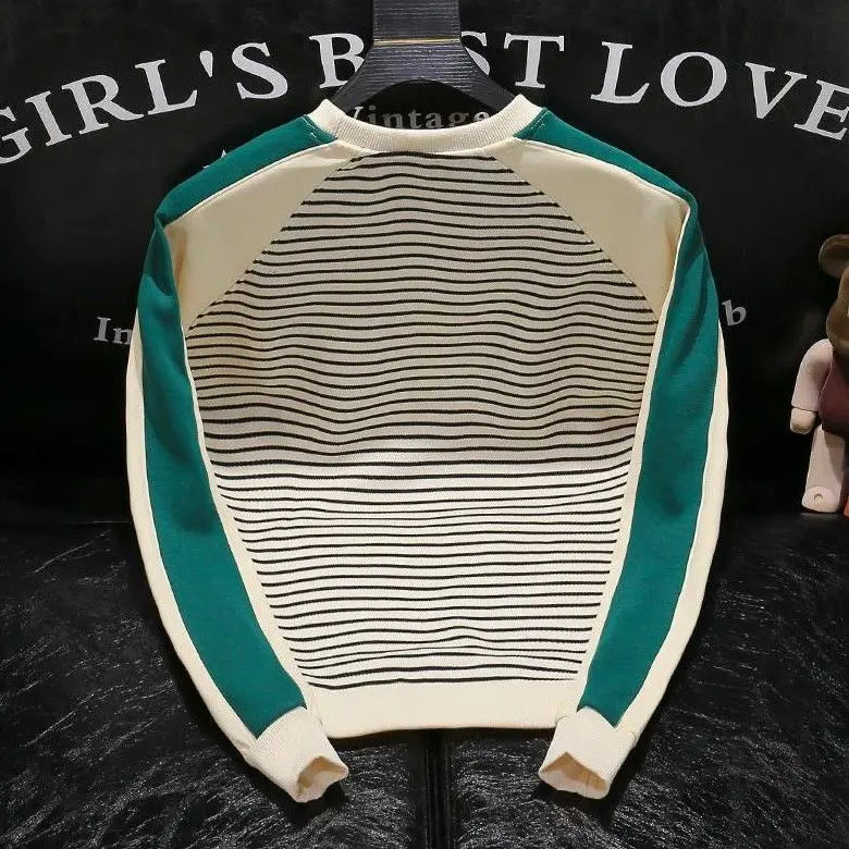 New Men's Hoodie with Striped Print Fashionable Long Sleeves Slim Fit and Slimming Round Neck Top