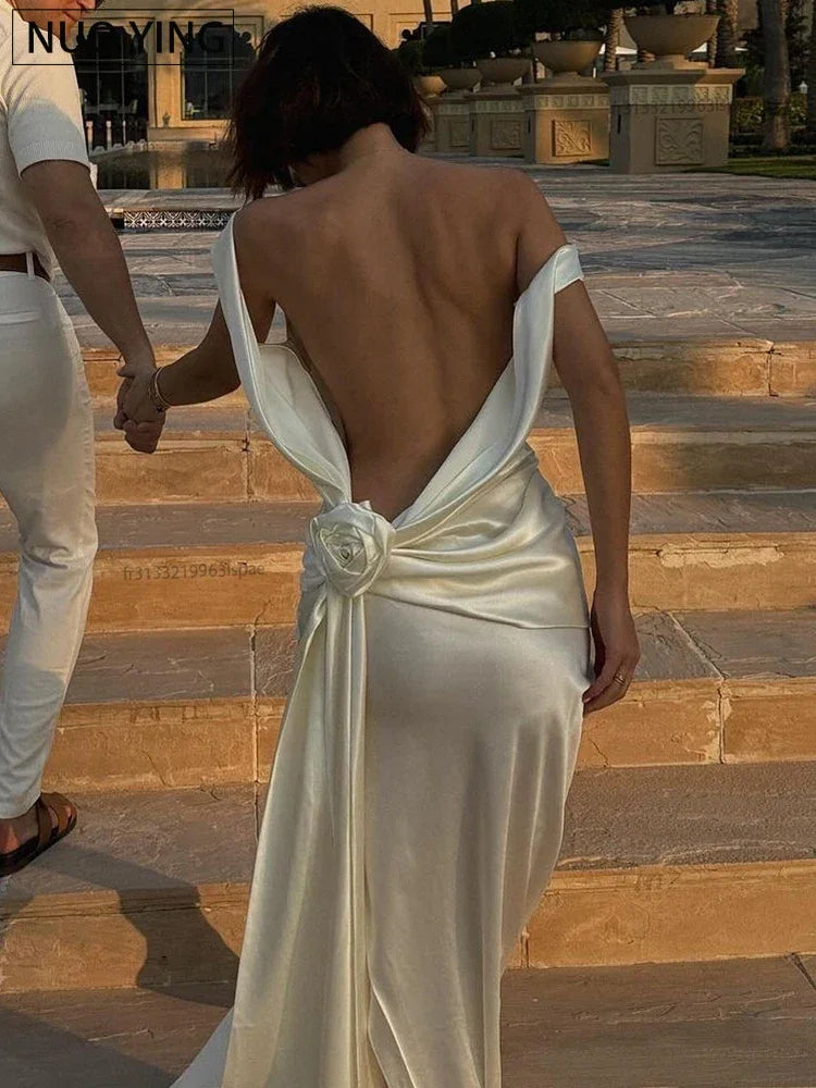 2025 Satin Backless Sexy Long Dress for Women Elegant Rose Thigh High Waist Beach Holiday Gorgeous Club