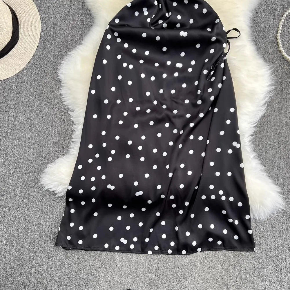 YuooMuoo Chic Polka Dot Camisole Dress for Women 2024 Summer Sexy High Split Drawstring Vacation Beach Long Dress Party Vestidos