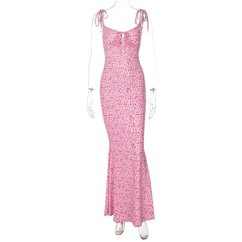 Summer Sexy Women Elegant Floral Printed Beach Vacation Bodycon Streetwear Long Dress Spaghetti Strap Sheath Dress