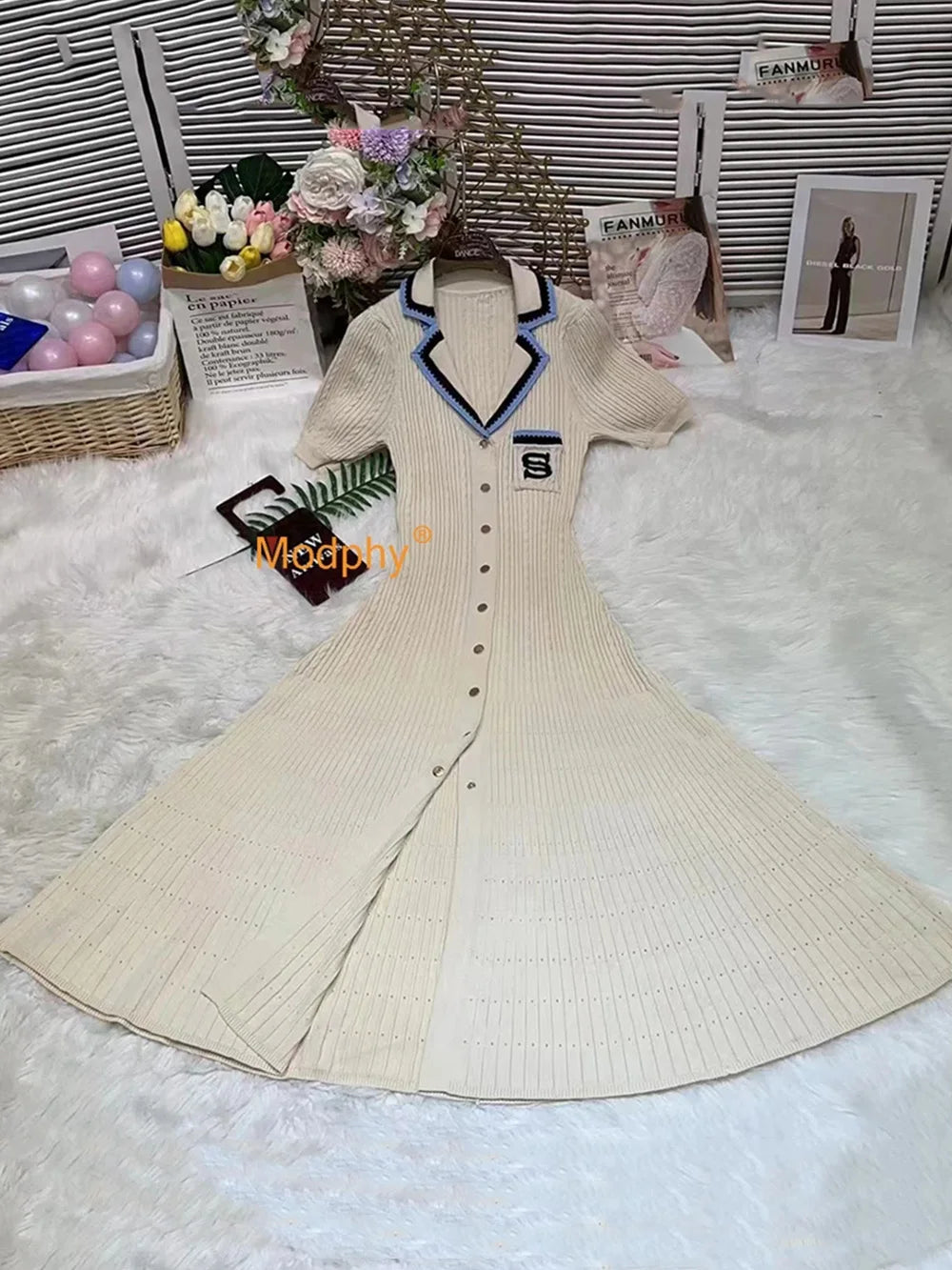 Modphy 2025 Elegant Slim Knitted Long Dress Women's Letter Single Breasted Long Sleeved Designer Vintage Dresses Autumn