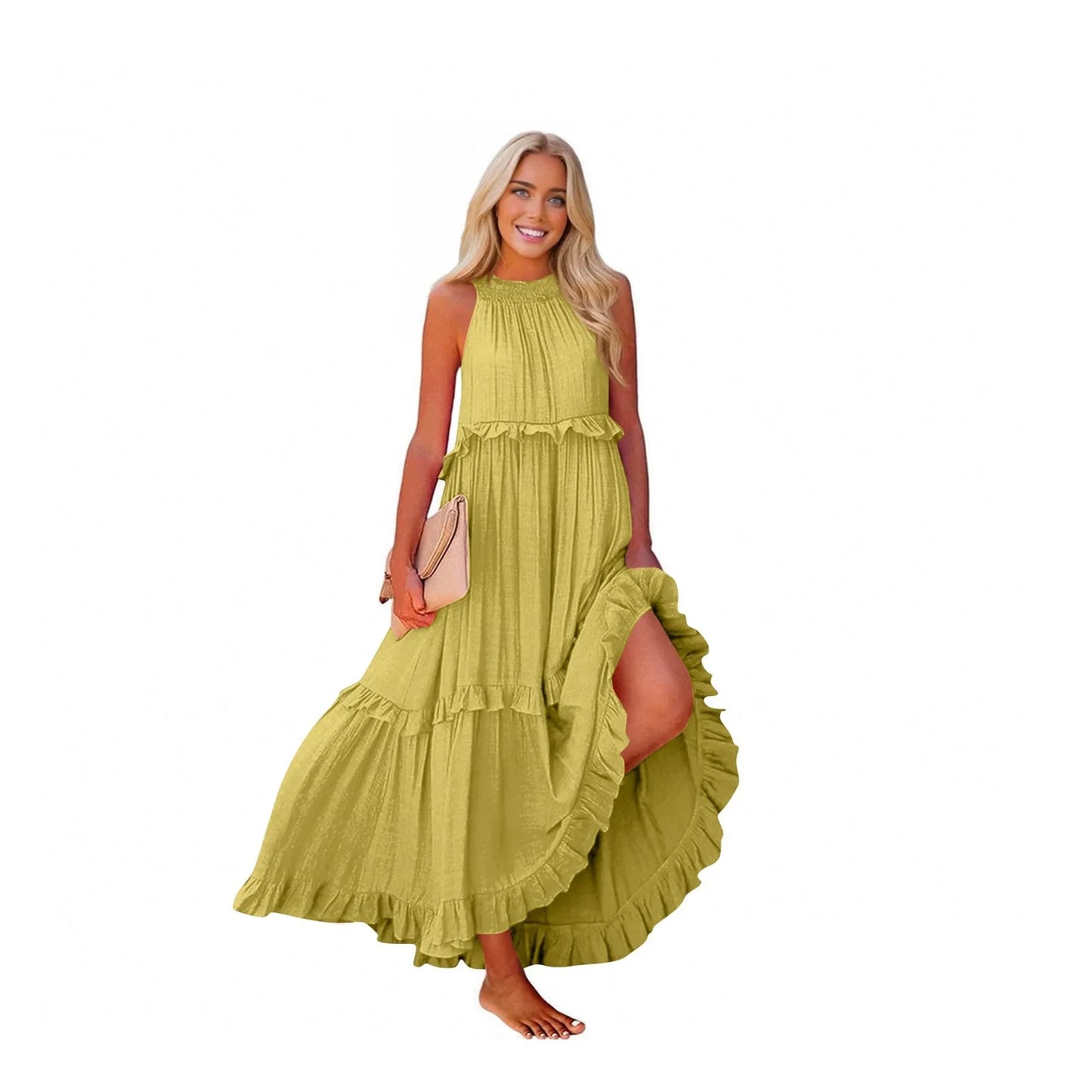 Women's Ruffled hem layered long dresses Summer Sleeveless backless dress Fashion Long Dress Big Swing Beach Dress vestidos