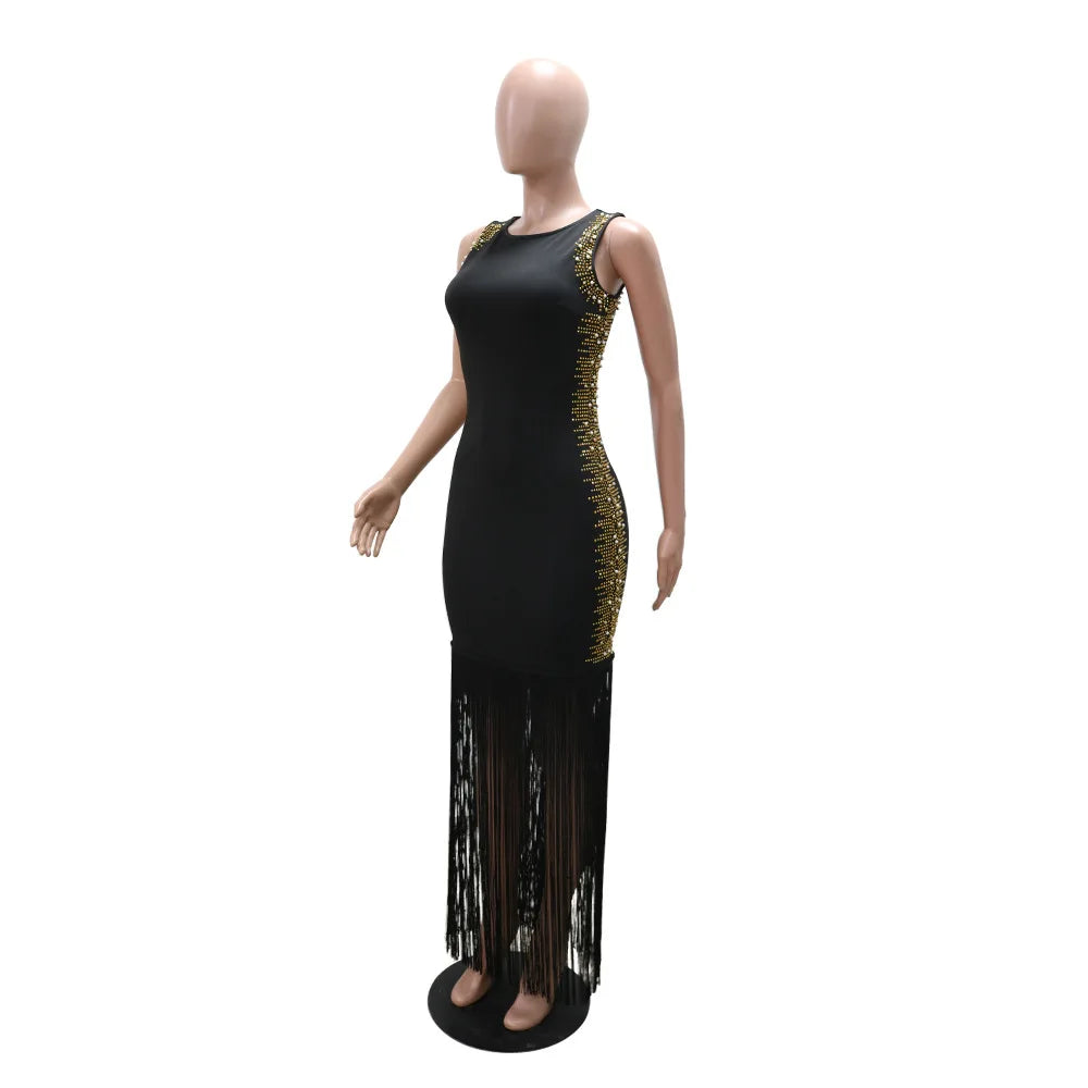 CM.YAYA Fall Diamonds Hot Rhinestones Tassel O-neck Women Sleeveless Bodycon Long Dress Birthday Party Evening Prom Maxi Dresses