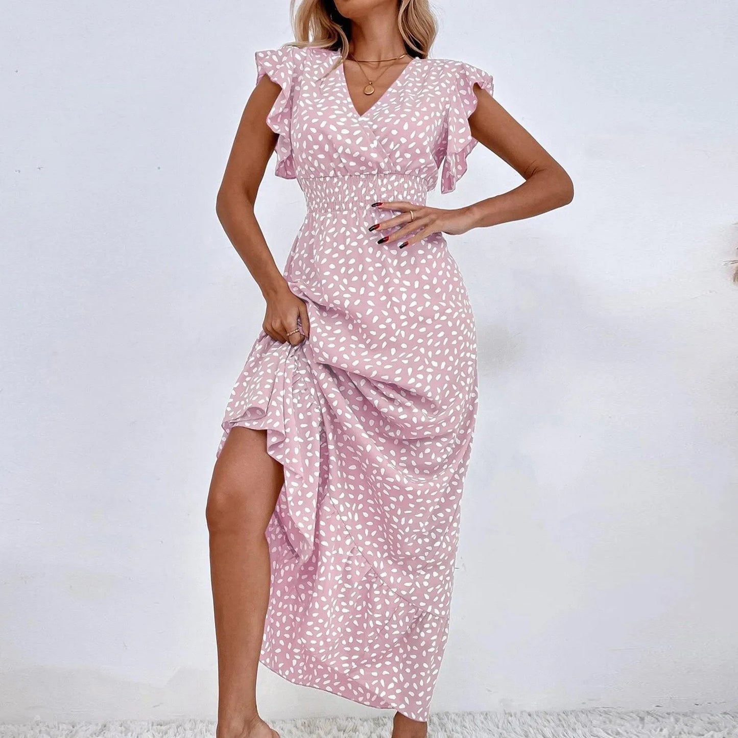 Polka Dot Dress For Women Sexy V-Neck Long Dress Casual And Fashionable Ruffle Edge Short Sleeved High Waisted Dress