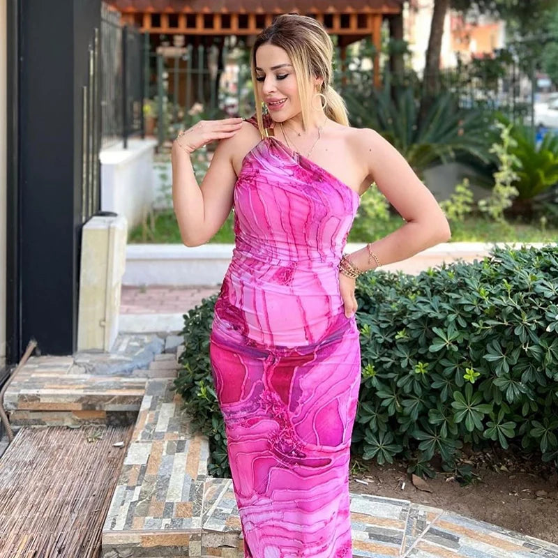 CUTENOVA Sexy Slash Collar Gradient Print Long Dress Summer Chic One-Shoulder Backless Party Dresses Sleeveless Hollow Slim Fit