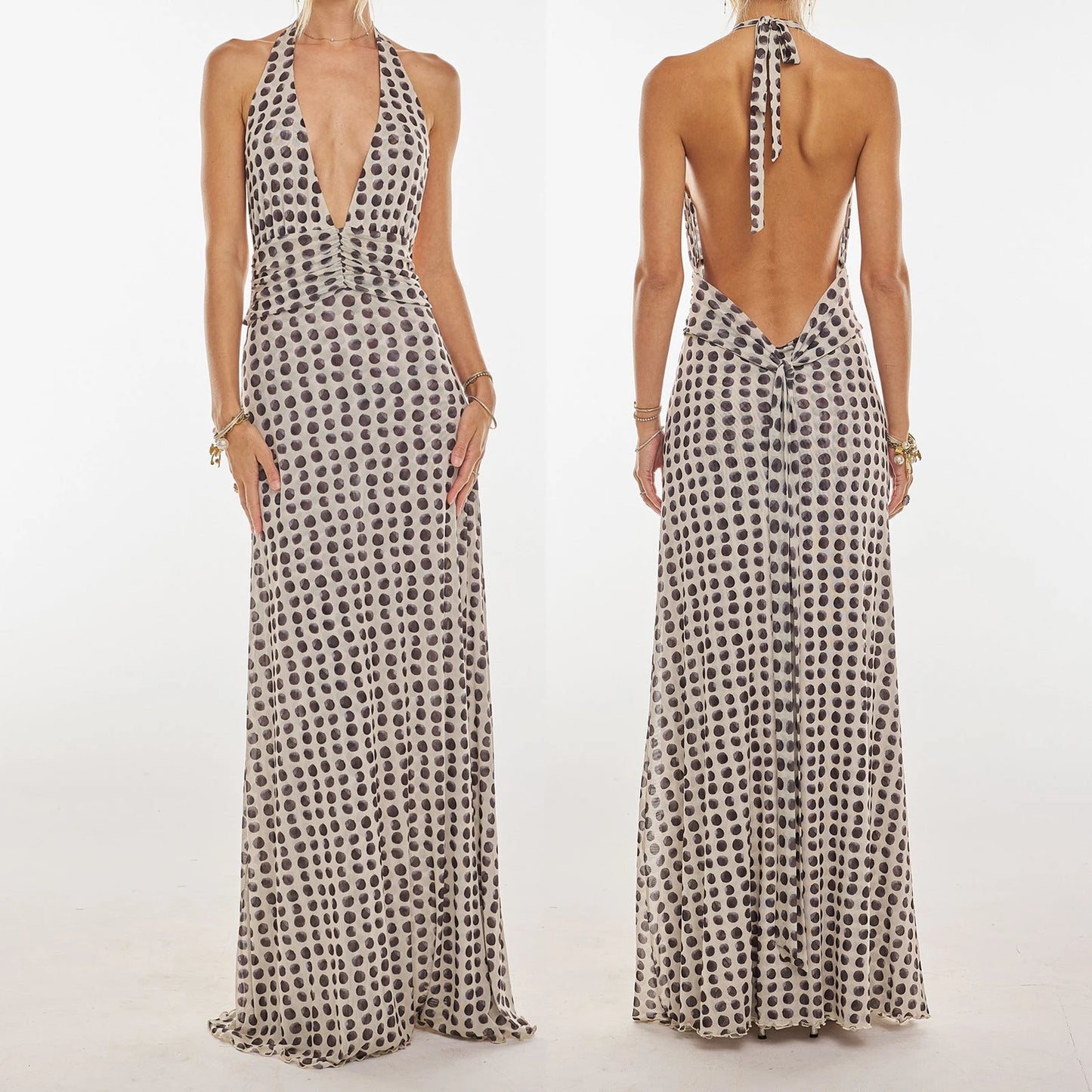 Combhasaki Women Summer Sleeveless Tie-up Halter Deep V-Neck Backless Flower/Dots Print Ruffle Hem Mesh Ruched A-line Long Dress