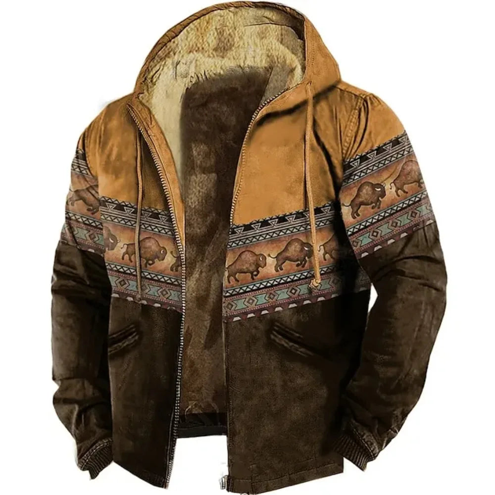 Men's Zipper Hoodies Bison Pattern Print Casual Winter Clothing Long Sleeve Sweatshirt Casual Hooded Jacket Outerwear