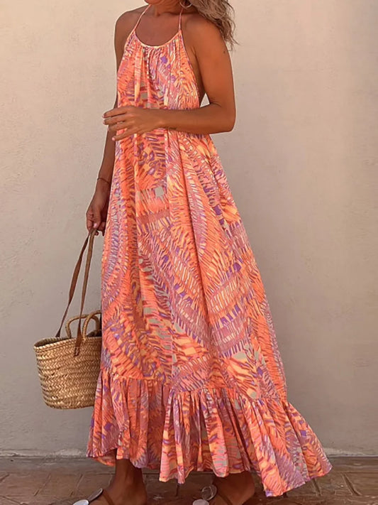 Summer Beach Style Women Ruffles Dress Patchwork Backless Off Shoulder Lady Long Dress Holiday Casual Loose Sleeveless Dresses
