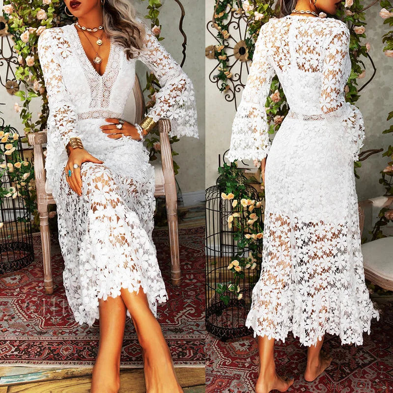 Sexy Autumn Lace Long Sleeve V-neck Big Show Long Dress Women Polyester Fabric High Waist Hollow Out Design Summer Style