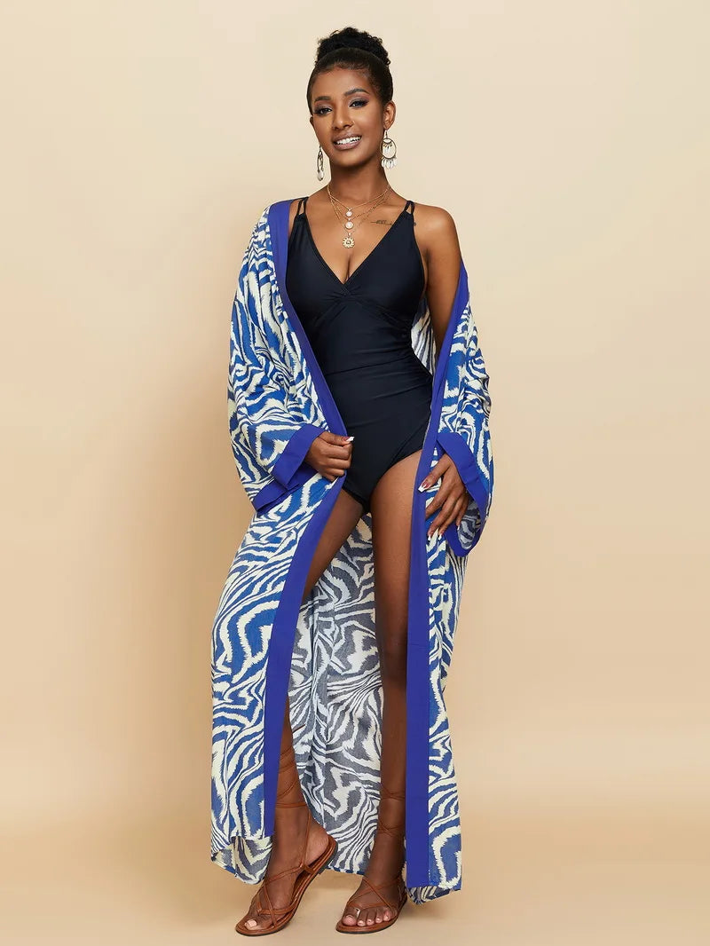 Para Praia Kimono Beach Robe Swimsuit Cover Ups Beachwear Long Flared Sleeve Dress Sarong Women Loose Cardigan Bikini Covers