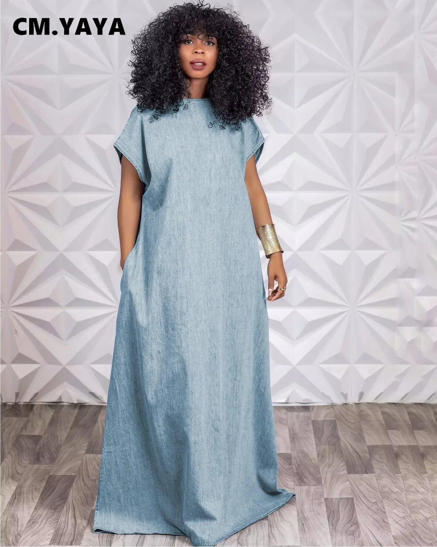CM.YAYA Vintage Women Fashion Batwing Short Sleeve Denim V-back Loose Slim Maxi Long Dress 2023 High Street Vestido Jean Dresses