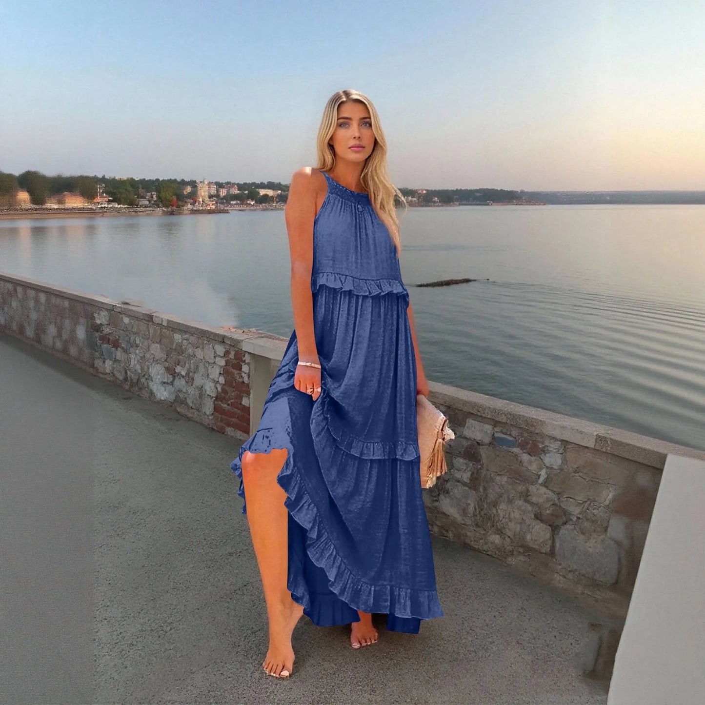 Women's Ruffled hem layered long dresses Summer Sleeveless backless dress Fashion Long Dress Big Swing Beach Dress vestidos