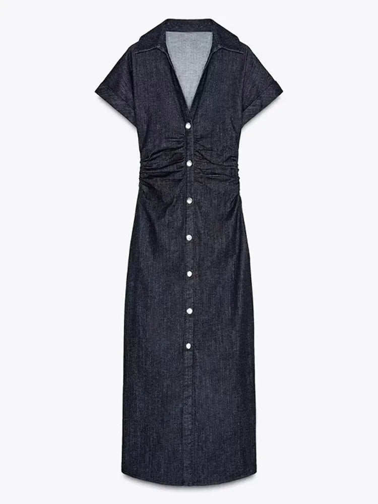 Sexy V-neck Denim Dresses 2025 Women's Spring Fashion Slim Long Dress Chic Short Sleeves Single Button High Street Lady New Robe