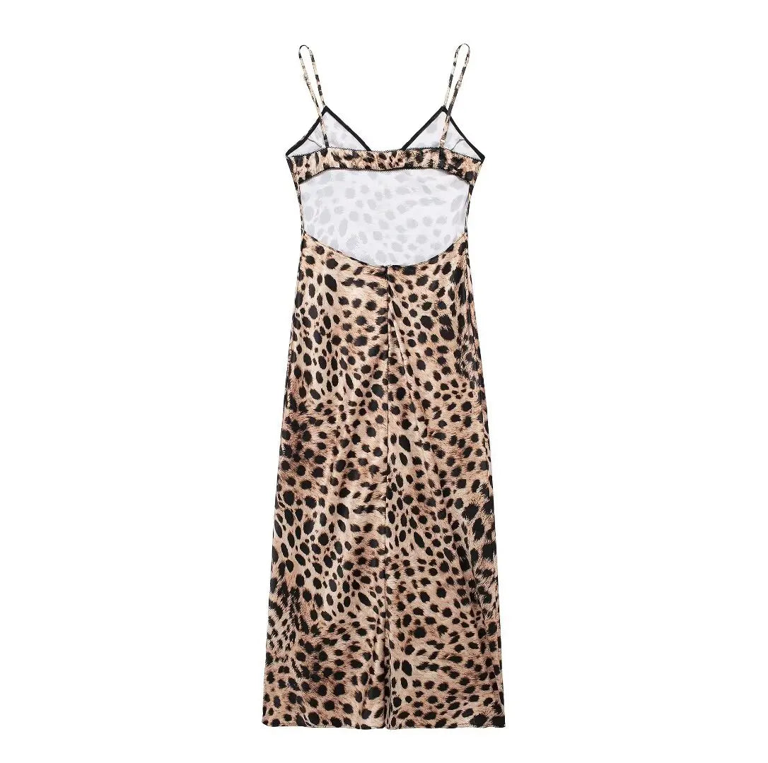 TRAF Women Fashion Summer New Underwear Backless Satin Texture Leopard Print Long Dress Chic Female French Elegance Evening