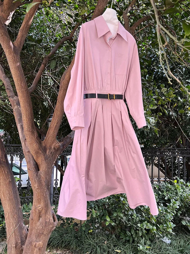 Polo‘s Collar Shirt Dress Women Spring Slimming Long Dress With A Cinched Waist Blue / Pink