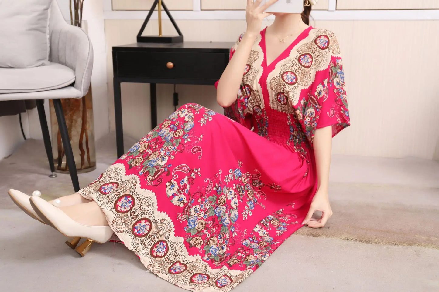 V-neck Large Skirt Hem Casual Sweet Holiday Long Dress Bat Sleeves Elastic Waist Bohemian Print Floral Elegant Dresse For Women