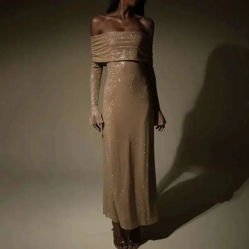 Townlike Elegant Off Shoulder Maxi Long Dress Women 2023 Autumn Winter Dress Sparkle Glittar Nightclub Sexy Party Dresses