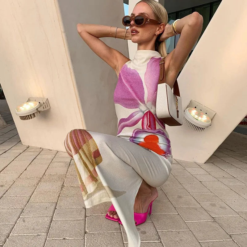 2024 Spring Summer Women long Dress Turtleneck Print Slit Round Neck Sleeveless Slim Fit Maxi Dress Robes Female Party Vestidos