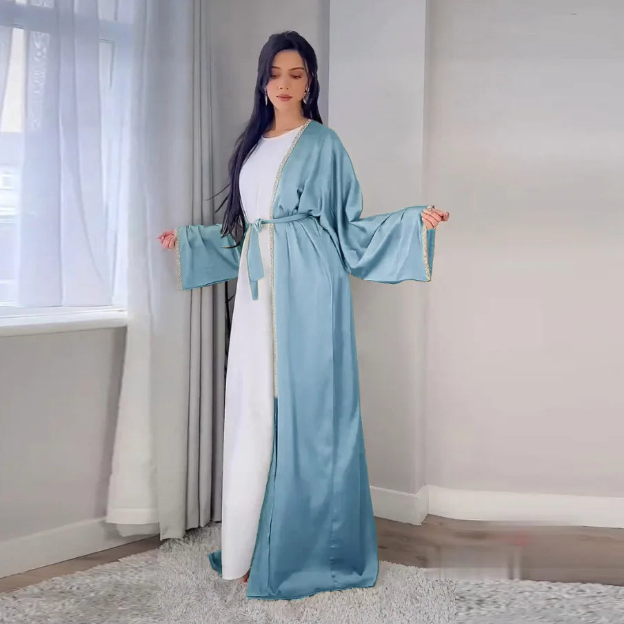 2024 Muslim Dress Diamond Women's Long Dress Fashion Long Sleeve Lace-up Long Abayas Casual Solid Color Clothes for Muslim Women