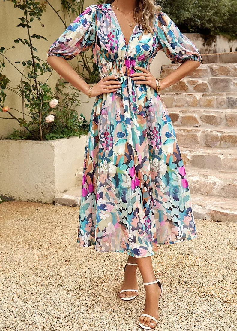 2024 Elegant High Quality Design summer long Dress Waist Cinching V-neck Print Elastic Waist Maxi Dresses for Women Clothing