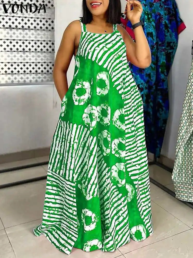 Plus Size Maxi Long Dress Bohemian Sleeveless Printed Party Sundress 2024 VONDA Summer Tank Vestidos Beach Loose Casual Robe