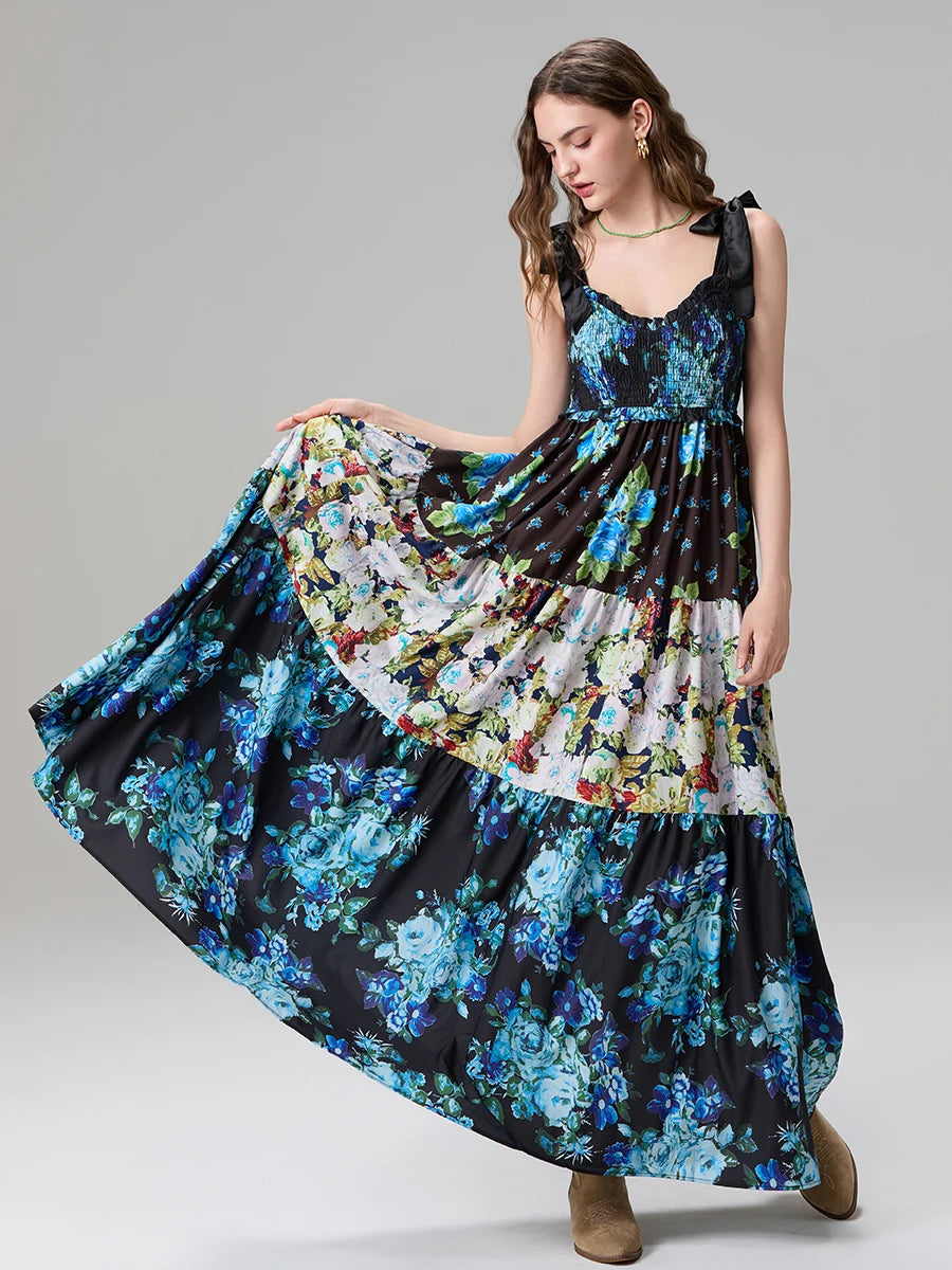 Combhasaki Women's Y2K Vintage Floral Print Ribbon Tie-Up Shoulder Straps Sleeveless V-Neck Summer Big Swing A-line Long Dress