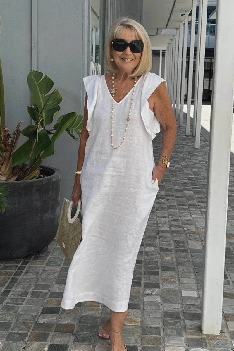 Summer Cotton And Linen Dress For Women Fashion Flying Sleeves Strappy Back Solid Color Loose Long Dress Elegant Robe Femme